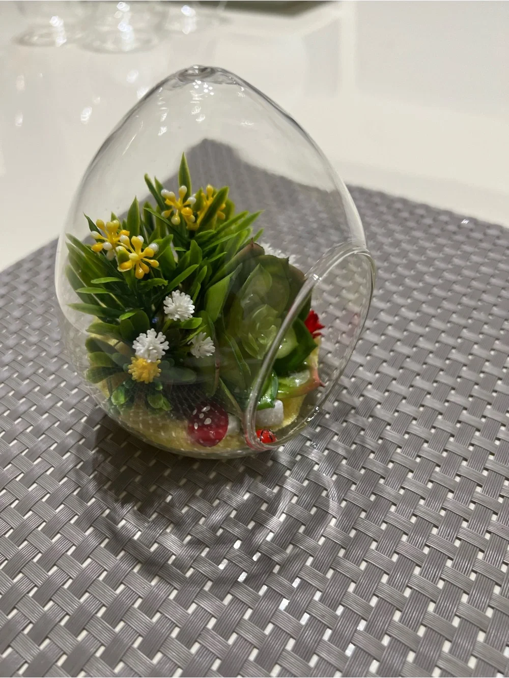 Glass Hanging Terrarium with Green Succulent and Yellow Blooms